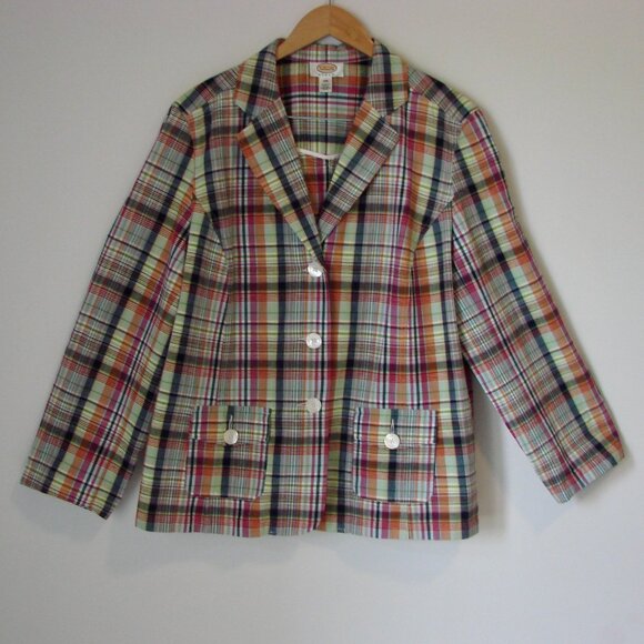 Talbots Plaid Linen Flax Blazer Jacket Flax Madras Preppy Blue Pink Green 16 W - Picture 1 of 15